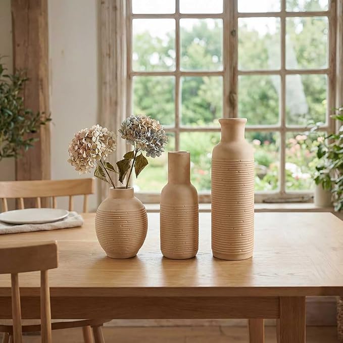 Rustic Farmhouse Vase Set of 3 - Ceramic Decorative Vintage Vases Home Decor - Pampas Grass Dried Fresh Flowers - for Centerpiece, Coffee Table, Mantel Entryway, Living Room, Bedroom (Retro 2)