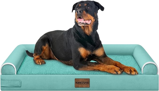 Orthopedic Dog Bed for XX-Large Dogs, 44 x 34 Inch, Aqua Blue | Egg crate foam for joint support, 3-sided bolster pet sofa, waterproof lining, washable cover, and non-skid base