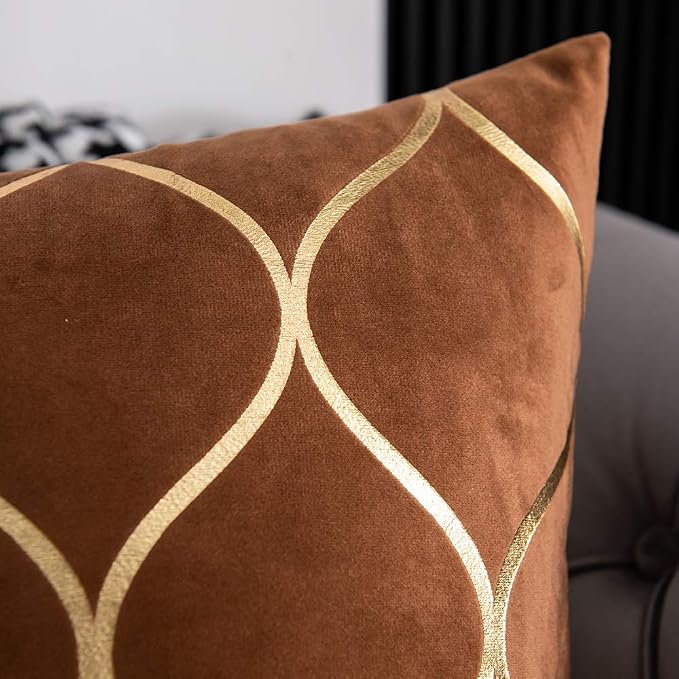 Gold Velvet Throw Pillow Covers: 2 Pack 24x24 Inch Square Decorative Pillow Cases for Bedroom Sofa Couch Living Room, Light Brown