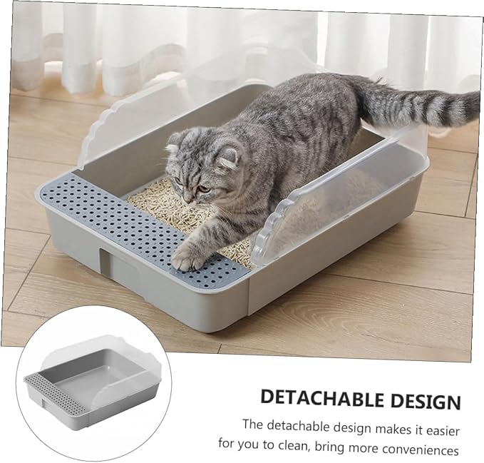 SUPVOX Cat Litter Pan Toilet Semi-Enclosed Anti-Splash Resistant Plastic Litter Box with Removable Cover Small Gray for Kitten Housebreaking and Indoor Use