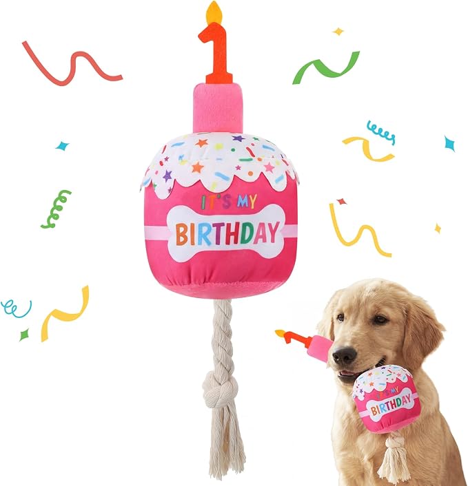 Dansydaisy Dog Birthday Cake Toy Squeaky Plush Gift,1st,Rose Pink