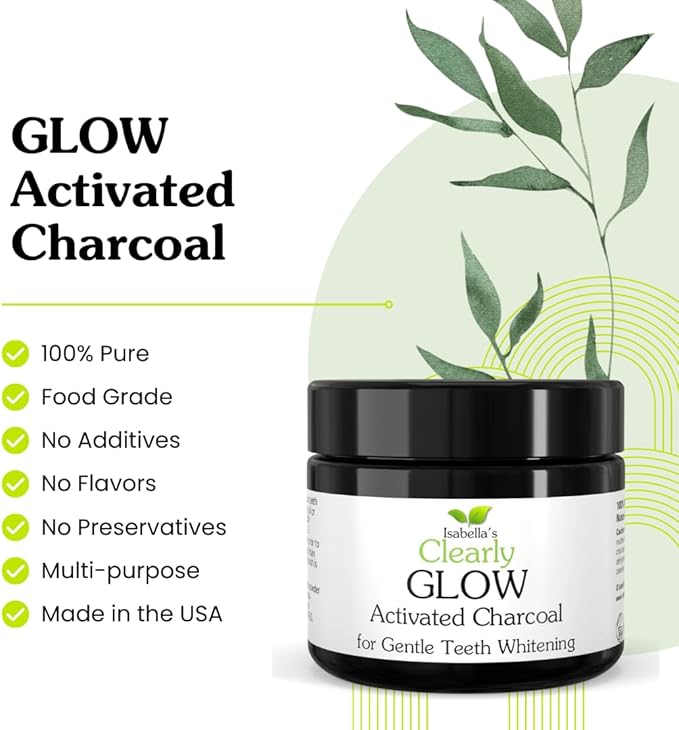 Glow Teeth Whitening Activated Charcoal Powder + Soft Bamboo Toothbrush | Pure, Natural, Food Grade, Non GMO, Made in USA | Whiten Teeth Naturally