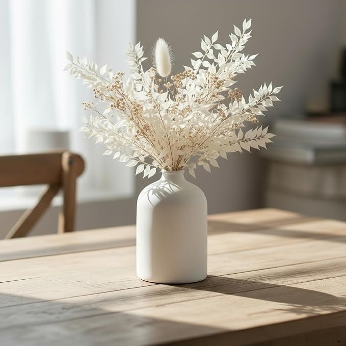 Carrot's Den White Ceramic Vase, Matte Textured Entryway Table Decor | Textured matte finish, 7 in tall. Holds olive branches, eucalyptus, or dried greenery on a coffee table or shelf.