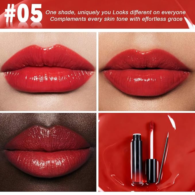evpct Bright Fire Red Shiny Glossy Longwear No-Budge Liquid Lip Color Lipstick Makeup, Highly Pigmented Color Instant Shine, Waterproof Long Lasting Lipstick Women Lip Stain Gloss with Lip Liner Brush