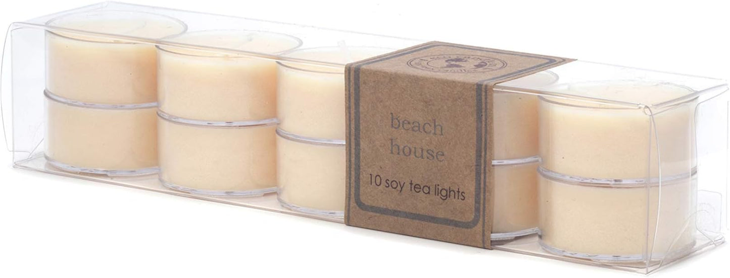 Eco Candle Co. Beach House Soy Tea Light Candles, 10-Pack, 9 Hr Burn Time | Scents of Melons & Ocean Air - Recyclable Plastic Cups, No Lead, Hand Poured, Made from Midwest Grown Soybeans