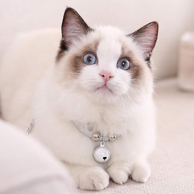 Japanese White Cat Collar with Bell, Adjustable Kitty Kitten Necktie Nylon Necklace Grooming Accessories for Wedding Party Birthdays Photoshoot
