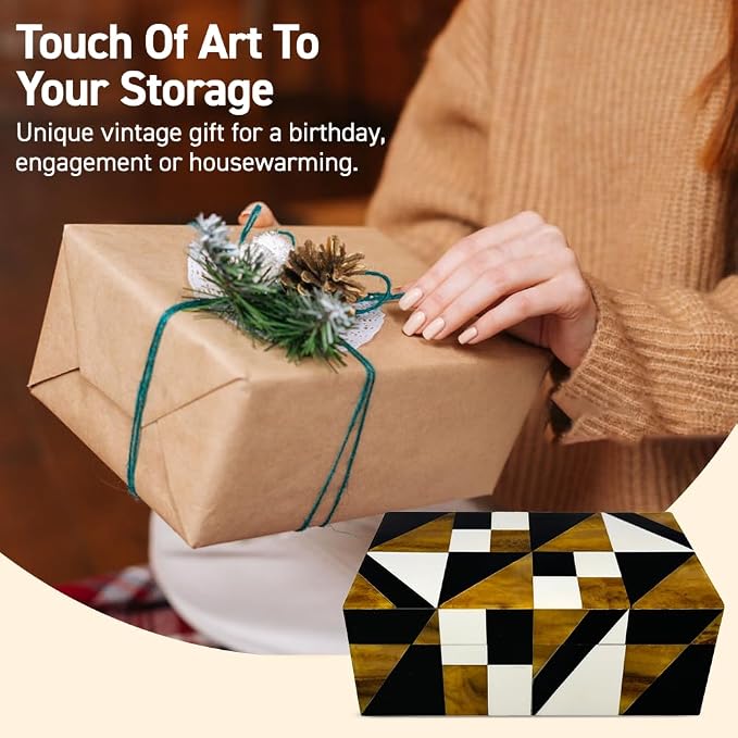 Perilla Home Home Decor Decorative Storage Wooden Box Small Geometric Organizer Tool Stash Card Craft Trinket Memory Keepsake Jewelry Box for Men and Women, Gifts For All, Brown, Black and Off White