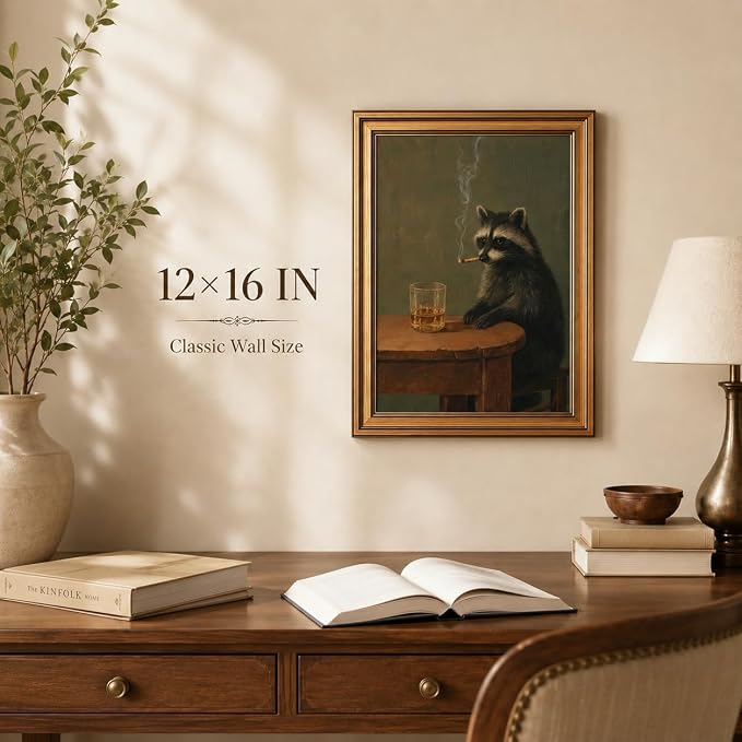 Gold Framed Raccoon Canvas Wall Art,Funny Animal Picture Wall Decor16x12in | Rustic Man Cave Art, Moody Animal Art Print For Office, Home Bar, Cabin, Game Room, Living Room