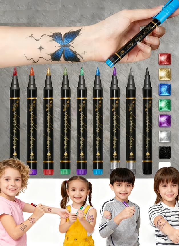SkinCraft - Safe Temporary Tattoo Pens, Skin Craft Tattoo Markers, 10 Vibrant Colors Body Markers with Reusable Stencils, Skin-Friendly Waterproof Face Paint for Kids Teens Adults Party (15Pcs)