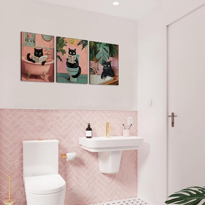Funny Pink Bathroom Cat Wall Art Painting Set of 3 Maximalist Cute Black Cat Bathroom Wall Decor, Eclectic Animal Restroom Poster Canvas Prints Pictures 16x24 inch Framed
