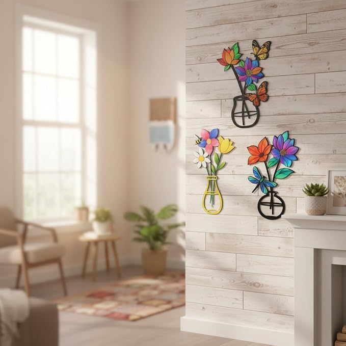 VEWOSTAR 3 Pcs 3D Metal Flowers Wall Art,Outdoor Fence Wall Art Decor | Minimalist Decor for Living Room Bathroom Bedroom Dining Room, Housewarming Gifts Christmas Decoration