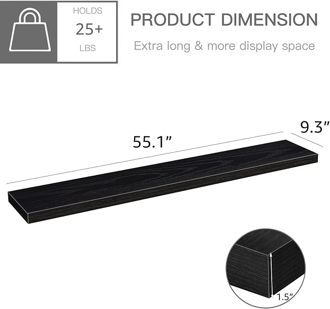 QEEIG Floating Shelves for Wall 55.1" Extra Long - Wall Mounted Shelf Bathroom Kitchen Living Room Bedroom Farmhouse Home Decor Display Bookshelf Large 55.1 x 9.3 inch Set of 2, Black (008-140B)