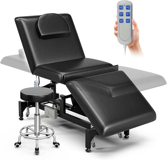 Icoget Fully Electrical Massage Table Bed with Wheels and Stool, 3-Section Adjustable Medical Treatment Table for Clients, Esthetician Facial Beauty Physiacl Therapy Bed for Spa, Exam, Black