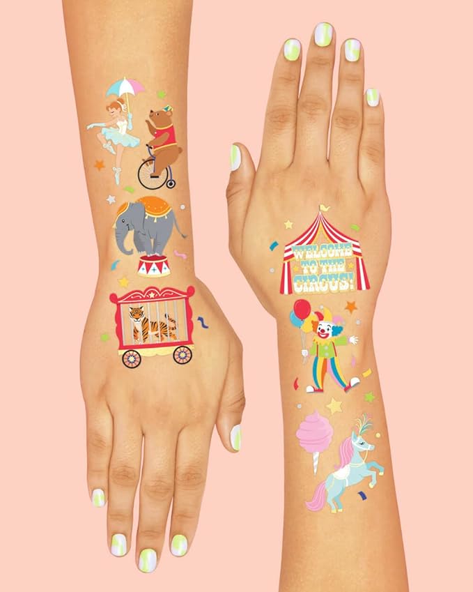 xo, Fetti Circus Party Temporary Tattoos - 42 Gold + Silver Foil Styles | Circus Birthday Party Supplies, Carnival Party Favors, Circus Animals Temp Tats, Clown Arts and Crafts (Pack of 2)