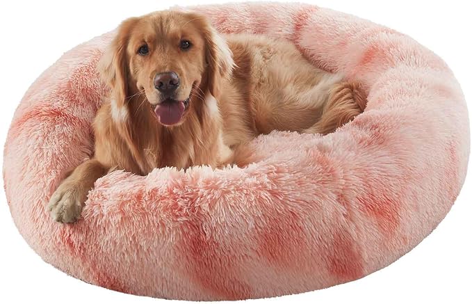 36 in Faux Fur Fluffy Donut Dog Bed for Large Dogs,Tie-dye Pink | Calming Plush Round Pet Bed with Removable & Washable Cover,Fits up to 80 lbs Pets