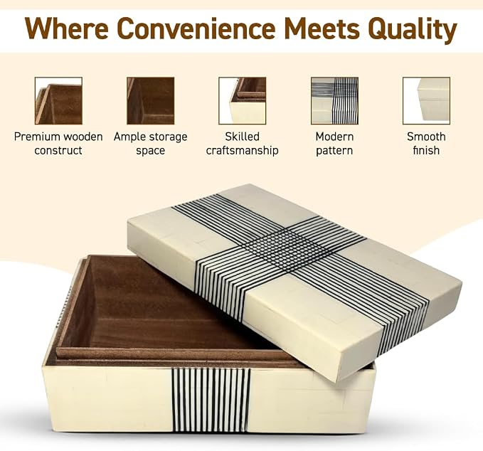 Perilla Home ﻿Home Decor Decorative Storage Wooden Box Small Wooden Organizer Tool Stash Card Craft Trinket Memory Keepsake Jewelry Box for Men and Women, Thin Line, Gifts For All Black & Off White
