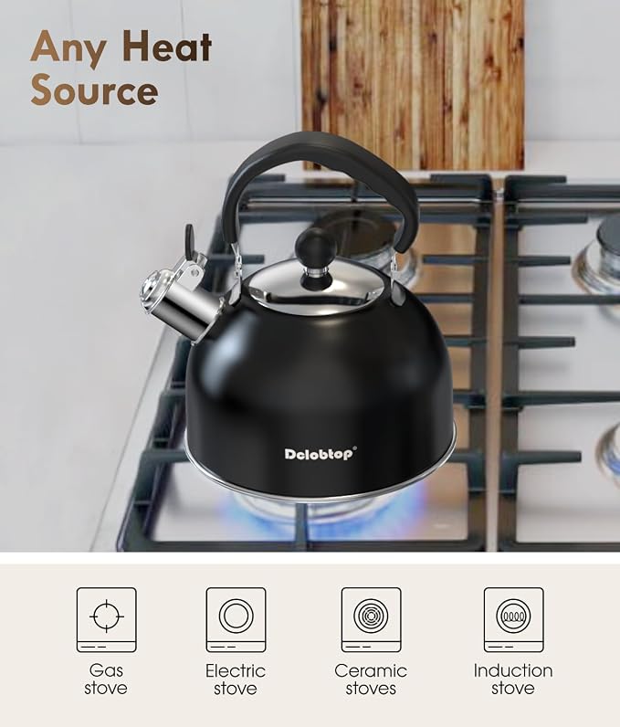 Premium Stainless Steel Tea Kettle for Stove Top - 2 Quart Classic Stovetop Teapot, Loud Whistle Kettle with Ergonomic Handle - Ideal for Hot Water & Tea,Coffee & Kitchen Decor(black)
