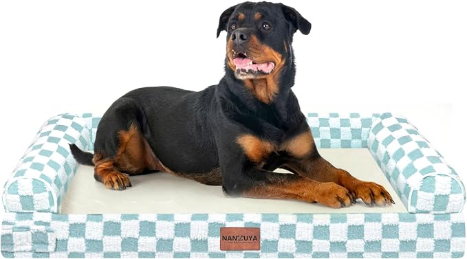 Orthopedic Dog Bed for XX-Large Dogs, 44 x 34 Inch, Green Grid | Egg crate foam for joint support, 3-sided bolster pet sofa, waterproof lining, washable cover, and non-skid base