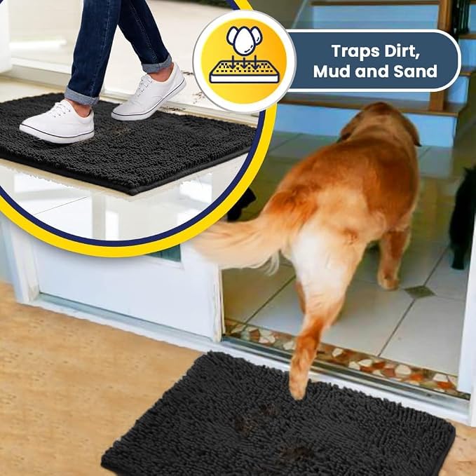 Muddy Mat® | Super Water Absorbent Door Mat Indoor, Microfiber Quick Dry Chenille Entryway Rug, Slip Resistant Front Door Mat, Indoor Mats for Entryway, Machine Washable Pet Rug, Charcoal 20" x 30"