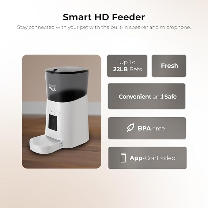Smart HD Pet Feeder, 6L, White | 1080p Camera, 2-Way Audio, Voice Recording, Night Vision, Scheduled Meals, Backup Power, Easy to Clean, Anti-Jam Design