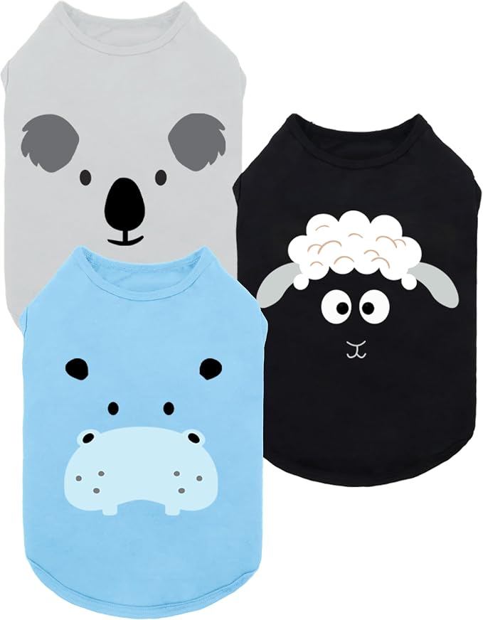 Fitwarm 3 Pack Hippo Sheep Koala Dog Shirt, Summer Clothes for Small Dogs Boy Girls, Funny Pet Outfit, Black, White, Gray, Blue, XS