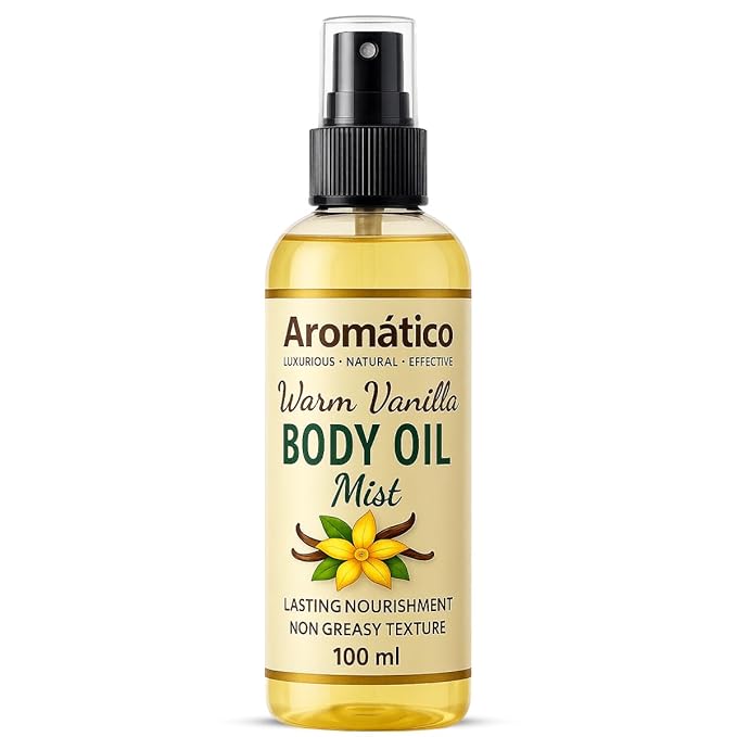 Aromatico Warm Vanilla Mini Body Oil Mist for Women | Lightweight, Non-Sticky, Spray-on formula for Daily use After Shower | Moisturized, Soft, Glowing Skin | Cozy, Creamy Vanilla Scent - 4 Fl Oz