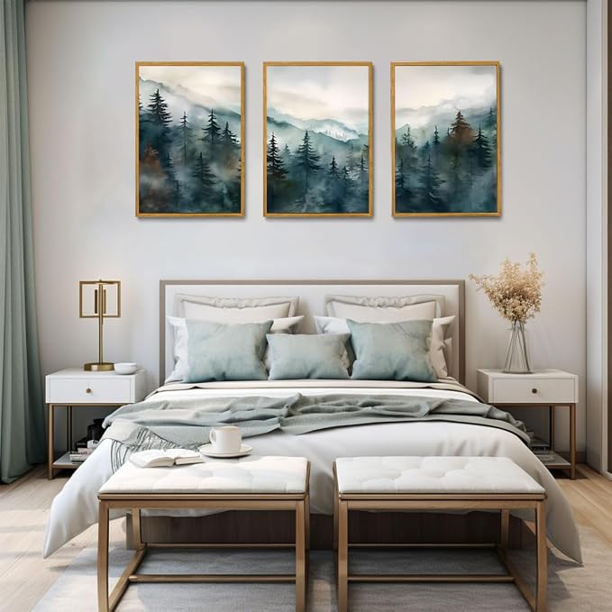 Pine Forest Mountain Framed Canvas Wall Art Set of 3, 16x24 inch | Boho Nature Wall Decor, Pine Forest Mountain Landscape Prints, Living Room Bedroom Office Art