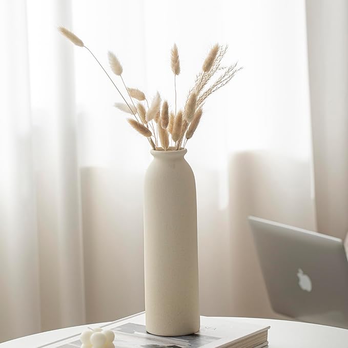 10.4 inches Tall Decorative Ceramic Vase Set, 3 Pieces, 10 inches Nordic Modern Style, White, Farmhouse Home Boho Shelf Decor(Beige L)