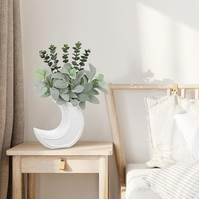 Fake Eucalyptus Plant in Crescent Moon Vase, 17" Faux Greenery Potted Plant, Rustic Moon-Shaped Ceramic Planter with Artificial Eucalyptus Leaves for Table Centerpiece Shelf Office Farmhouse Decor