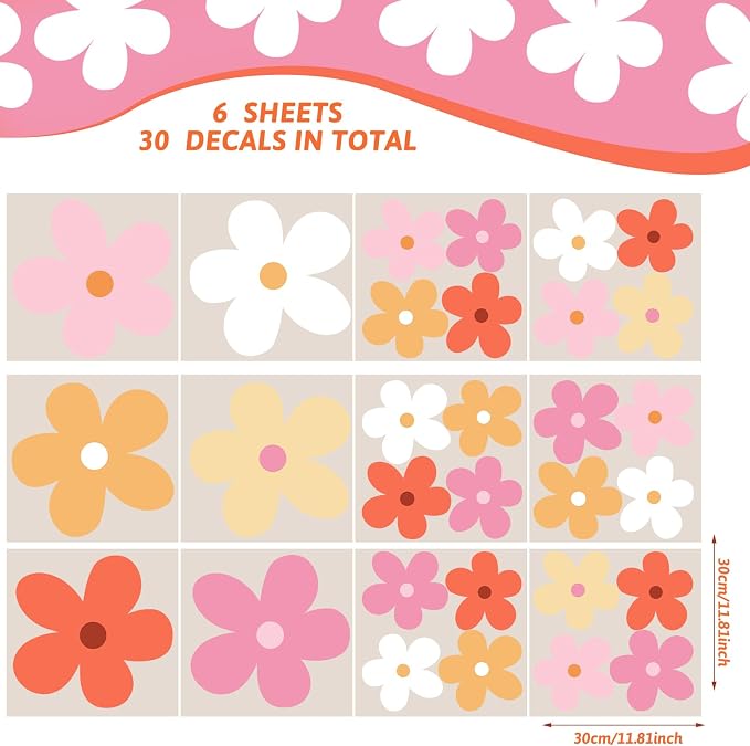 TaoBary 12 Sheet Daisy Wall Sticker Decal,Bright Color,Elegant Style | Big Flower Wall Sticker, Pink White Floral Decal, Daisy Bedroom Room Decor, Removable Peel and Stick, Nursery Home Wall Decor