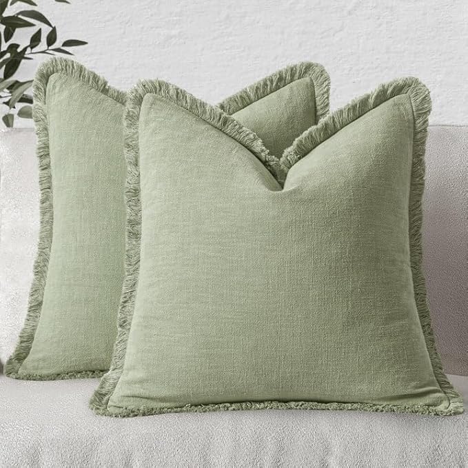 MIULEE Boho Linen Fringe Decorative Throw Pillow Covers Sage Green 18x18 | Set of 2, Cottagecore Decor, Boho Farmhouse Neutral Pillow Covers, Rustic Couch Cushion Cases for Sofa Bed Living Room