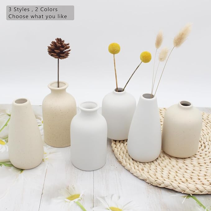 YANLING 6 Pack Small Vase for Flowers, 5 inch Modern Ceramic Vases | for Pampas Grass Simple Shelf Vase Light Yellow, Boho Vases for Home Decor, Wedding Dinner Table Party Office Bedroom
