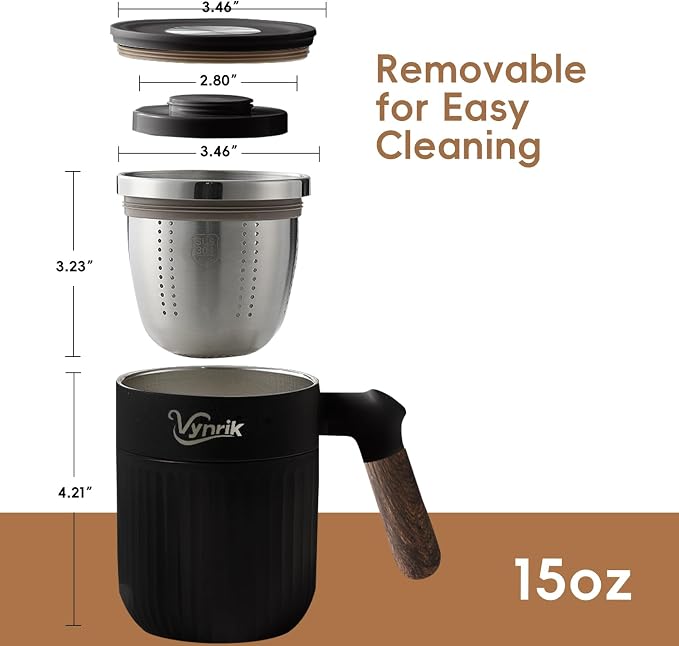 Tea Infuser Cup doubles as Insulated Coffee Mug,Tea Cup with Lid and Handles,Removable Stainless Steel Tea Strainers for Loose Tea (BLACK)