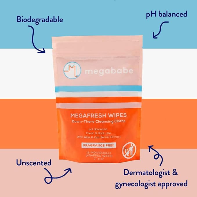 Megababe Megafresh Wipes | Unscented Cleansing Wipes for the Intimate Area | pH Balanced, Front & Back Use | 16 Individually Wrapped Wipes (Pack of 1)