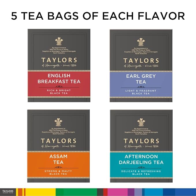 Taylors of Harrogate Assorted Specialty Black Teas Sampler, Variety Gift Box, Individually Wrapped Bags, 20 Count (Pack of 1), English Breakfast, Earl Grey, Assam, and Afternoon Darjeeling, Caffeinated, Enjoy Hot or Iced, 20 Teabags