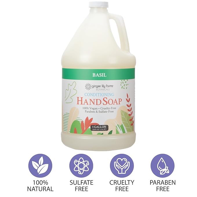 Ginger Lily Farms Botanicals Conditioning Liquid Hand Soap Refill, 100% Vegan & Cruelty-Free, Basil Scent, 1 Gallon (Pack of 4)