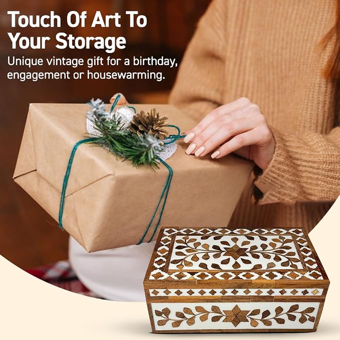 Perilla Home Home Decor Decorative Storage Wooden Box Small Floral Organizer Tool Stash Card Craft Treasure Trinket Memory Keepsake Jewelry Box for Men and Women, Gifts For All, Brown and Off White