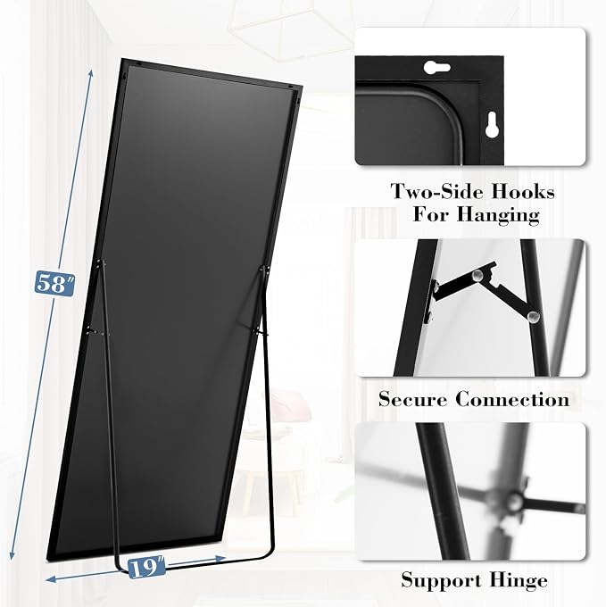 DUMOS 19"x58" Full Length Mirror with Stand, Full Body Floor Mirror | Free Standing or Wall Mount, Nano Glass Aluminum Frame, Hanging or Leaning, Modern Simple Home Decor, Black
