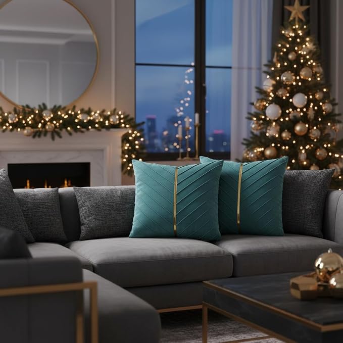 Velvet Throw Pillow Covers 20x20 Pack of 2 Gold Decor Aqua Green | Soft Solid Pillow Covers,Modern Luxury Home Decor,for Couch Chair Sofa Bedroom Livingroom,Hidden Zipper,Ideal Gift,Easy Care