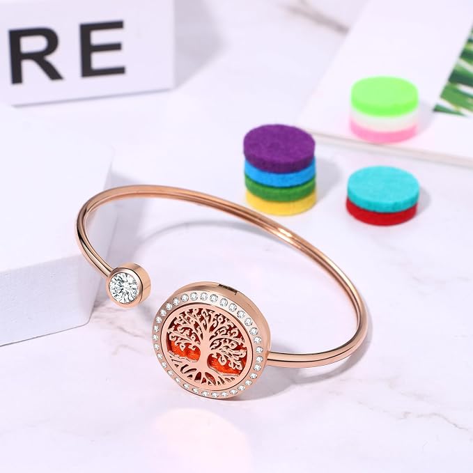 Cupimatch Essential Oil Diffuser Bracelet: Tree of Life Stainless Steel Aromatherapy Bracelets Adjustable with 10 Color Pads Jewelry Gift Set for Women for Mothers Day