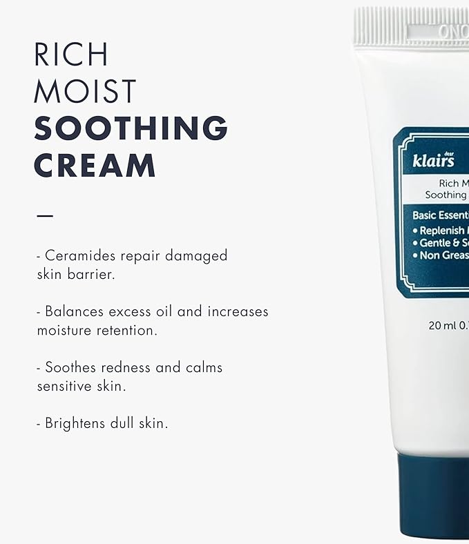 DearKlairs Rich Moist Soothing Cream 20ml, Repair Skin Barrier, Sensitive Skin, Hypoallergenic, Centella Asiatica, Ceremide, Moisturizer, Hydration, Protective layer Beta Glucan, Non-sticky, K-beauty