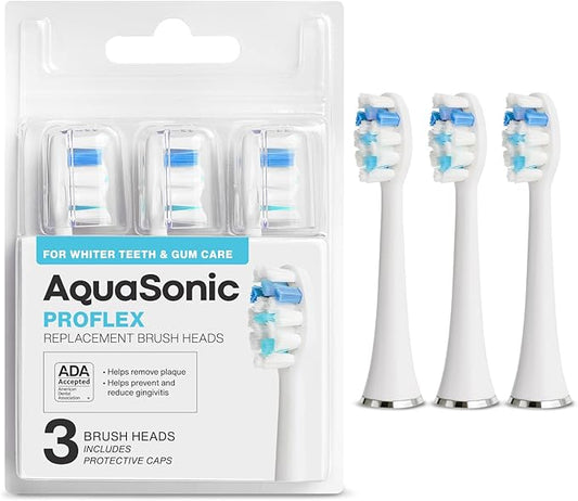 AquaSonic Genuine Proflex Replacement Brush Heads | ADA Accepted | for Whiter Teeth & Gum Care | Compatible with Many AquaSonic Toothbrush Handles (3 Pack White)