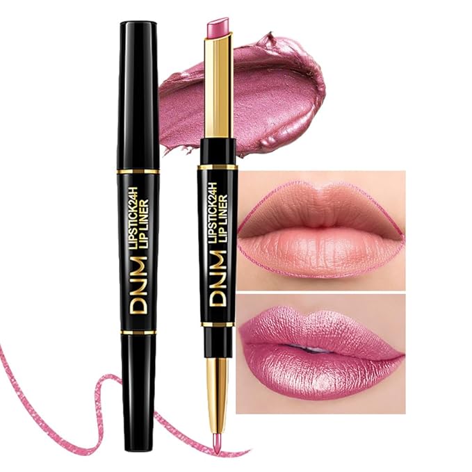 Kaely 2-in-1 Rose Pink Metallic Shine Shimmer Lip Liner & Lipstick Combo Set Kit for Women, Lightweight Hydrating Formula High Impact Full Coverage Lipstick and Lip Liner Makeup Stains Gloss 21