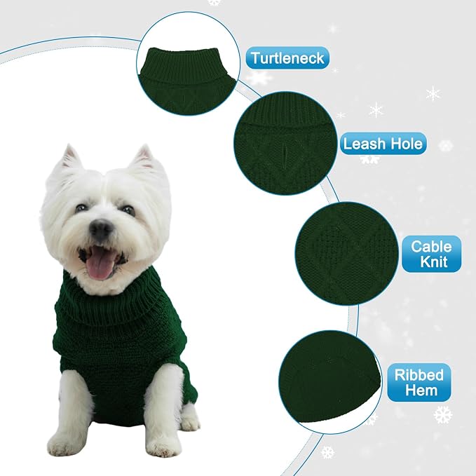 Mihachi Turtleneck Dog Sweater - Winter Coat Apparel Classic Cable Knit Clothes with Leash Hole for Cold Weather, Ideal Gift for Pet in New Year Army Green Small