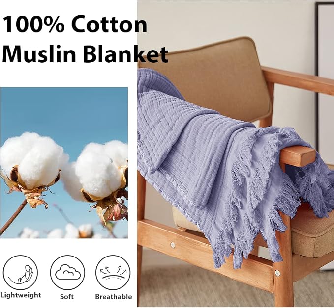 Simple&Opulence Cotton Muslin Throw Blanket for Bed, Couch, Knit Woven Gauze Blanket with Tassels, Soft Lightweight Cozy Pre-Washed Breathable Farmhouse Decoration for All-Season (Lavender)