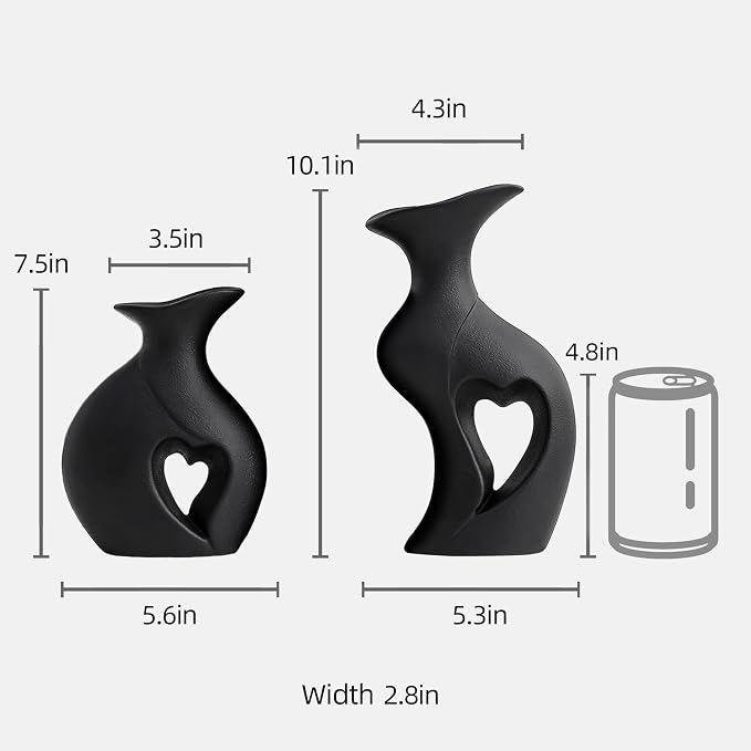 XL Black Snuggle Hollow Ceramic Flower Vase Home Decor Set of 2 | Heart Shaped, Minimalist, Decorative Flower Vase for Wedding,Living Room,Dining Table,Bedroom,Entryway,H 10.1 inches