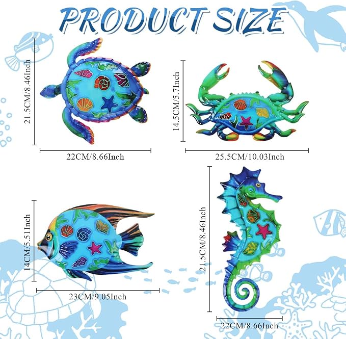 VEWOSTAR Metal Ocean Wall Art Decor Outdoor,Beach Wall Sculpture Set of 4 | Themed House Decor for Bathroom, Coastal Patio, Garden Fence, Pool Wall Art, Nautical Outdoor Decor Gift