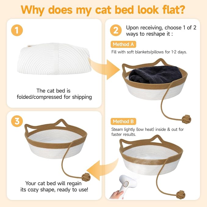 Cat Bed, Cotton Rope Instinct Basket for Cats, Handwoven Cat Beds | Stimuli Handwoven Basket for Cat, Pet Sleeping Bed with Rope Ball, Puppies, Rabbits and Small Pets (Large, Brown & Beige)