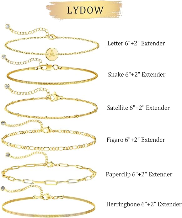 Bracelets for Women, 14K Gold Plated 6PCS Letter A-Z Stackable Jewelry Set for Adjustable 6"+2"