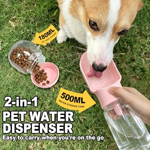 Pink Large Portable Dog Water Bottle with Food Container